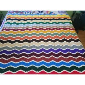 Crochet Granny Zig Zag Chevron Afghan Throw Blanket  Multicolor 55x58